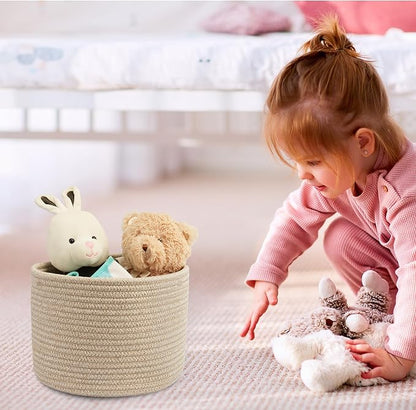 Woven Cotton Storage Baskets - 3-Pack Round Bins (10x10x7'') for Shelves, Closets & Bookcases | Durable Rope Organizers for Nursery, Baby, Toys, Easter & More (Oatmeal)