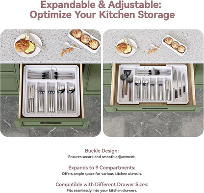 2 Pack Silverware Organizer, Expandable and Adjustable Kitchen Utensil Drawer Organizer, Plastic Cutlery Holder with Multiple Compartments,Cutlery Holder,for Spoons Forks Knives,White,UAFD012W
