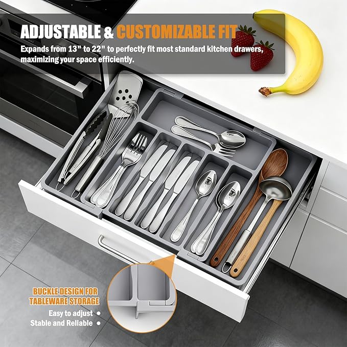 2 PCS Large Expandable Silverware Organizer for Drawer, Utensil Drawer Organizer Holder with 2 Removable Blocks, Adjustable Cutlery Tray Flatware Storage Box for Spoons Forks Knives Tools, 6-8 Slots