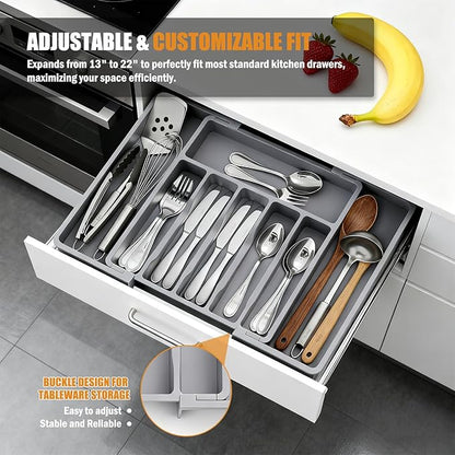 Large Expandable Silverware Organizer for Drawer, Utensil Drawer Organizer Holder with 2 Removable Blocks, Adjustable Cutlery Tray Flatware Storage Box for Spoons Forks Knives Tools, 6-8 Slots, Gray