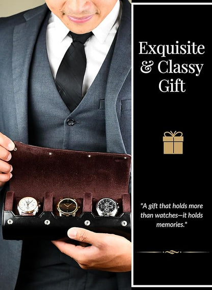 Watch Roll Case Organizer - Watch Travel Case for Men and Women - 3 Watch Carrying Case and Display - Jade Black with Mahogany Brown Interior Vegan Leather
