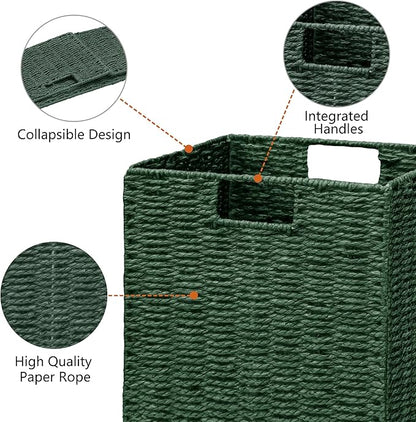 Vagusicc Wicker Storage Basket, Set of 2 Hand-Woven Paper Rope Wicker Basket, Foldable Cube Storage Bins, 9 inch Square Storage Baskets for Organizing Shelves & Decor, Green (9″×9″×9″)