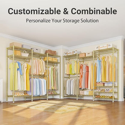 VIPEK V5i Garment Rack Heavy Duty Clothes Rack, Portable Closet Wardrobe Bedroom Armoires Freestanding Clothing Rack with 8 Adjustable Shelves & 4 Hang Rods, 68.9" L x 15.7" W x 76.4" H, Gold
