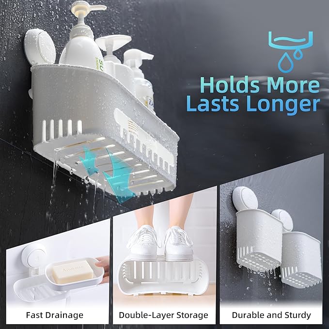 MoJoTools Shower Caddy Suction Cup Set - No-Drill Removable 3-Pack Organizer with Shower Shelf, Soap Dish, and Toothbrush Holder - Strong Suction, Waterproof, Ideal for Bathroom Organization