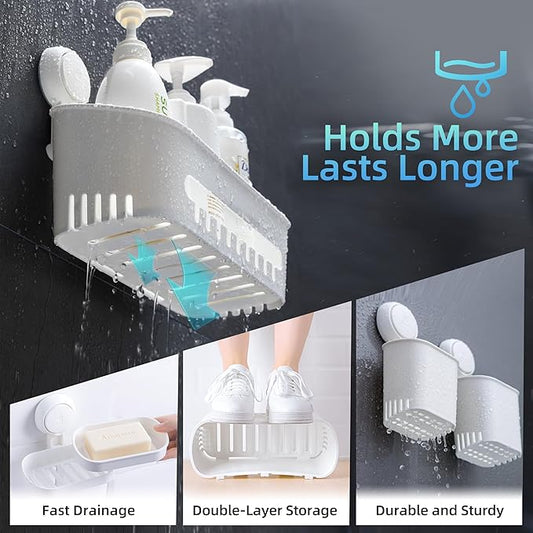 MoJoTools Shower Caddy Suction Cup Set - No-Drill Removable 3-Pack Organizer with Shower Shelf, Soap Dish, and Toothbrush Holder - Strong Suction, Waterproof, Ideal for Bathroom Organization