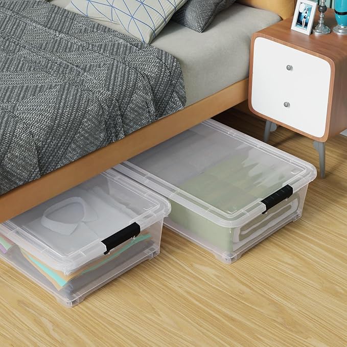 Uumitty 25 Quart Under Bed Clear Latch Bin with Wheel, Plastic Under Bed Storage Box, 4 Pack