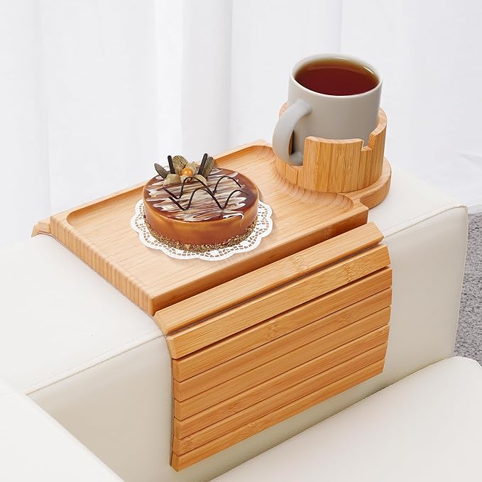Couch Cup Holder Tray, 3 in 1 Couch Arm Trays,Large Bamboo Chair Arm Rest Tray with 360° Cup Holder,Removable Anti-Slip Organizer for Snack Eating