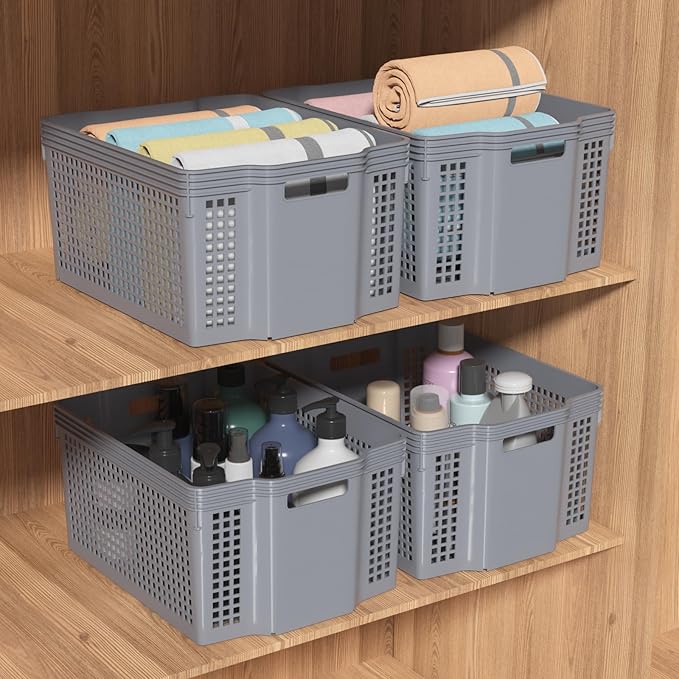 6 Packs Stackable Storage Baskets, Rectangle Stacking Baskets, Plastic Storage Baskets for Shelves, Grey