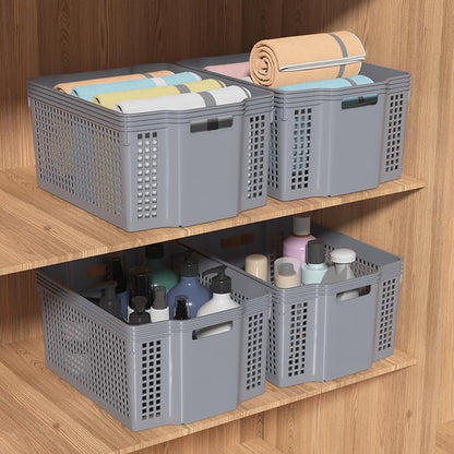 6 Packs Stackable Storage Baskets, Rectangle Stacking Baskets, Plastic Storage Baskets for Shelves, Grey