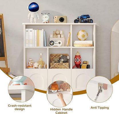 Toy Storage Organizer with 3 Movable Drawers,Montessori Bookshelf with 5 Open Cubbies,White Kids Bookshelf with Wall Mounting Hardware for Playroom,Den and Kids Room