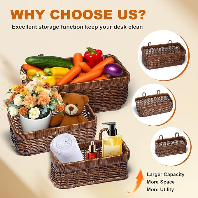 2 Pack Woven Storage Basket,Organizer Trays, Paper Box,Vintage Bin for Bathroom, Kitchen,Vanity Countertop Table Shelf, Open Storage Bins for Living Room, Bedroom, Balcony, Garden (Brown, ‎2 pc (S+M))