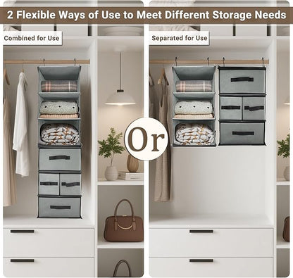 2-in-1 Durable 6-Tier Hanging Shelves with 4 Removable Drawer,2 Separable 3-Tier Thickened Fabric Hanging Closet Clothes Storage Organizer Space-saving for Dorm,RV,Guestroom,Bedroom,Bathroom