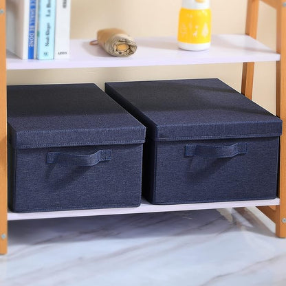 HOONEX Foldable Storage Bins with Lids, Pack of 2, Storage Boxes with 2 Carrying Handles and Heavy Cardboard, 16.5" L x 11.8" W x 7.5" H for Shoes, Clothes, Blue