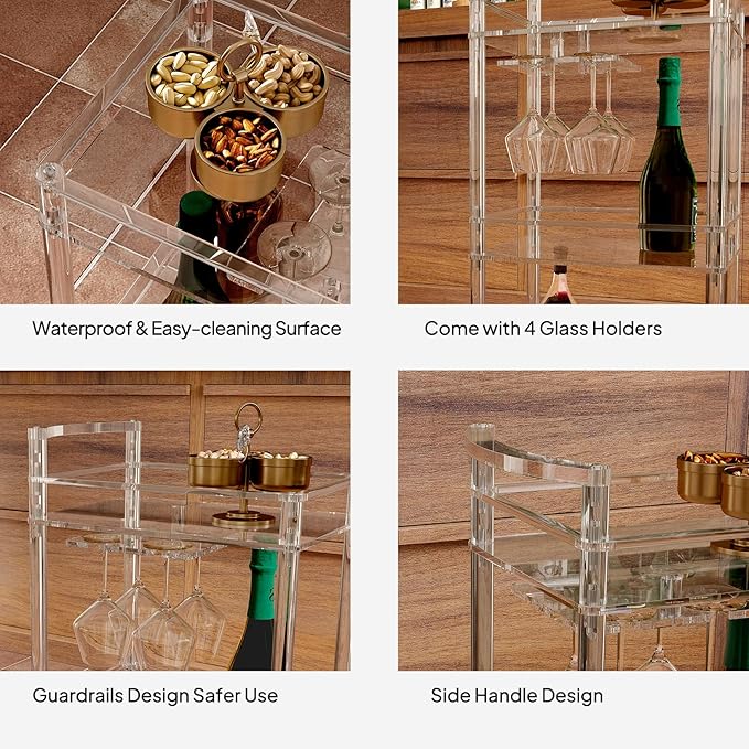 Eglaf Small Acrylic Bar cart - 3 Tier Home Bar Cart Rolling Serving Cart with 4 Lockable Wheels, Glass Holders, Handle, for Living Room, Kitchen, Bedroom, Bar, 15.6" L x 11.6" W x 35" H