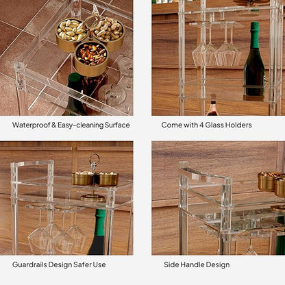 Eglaf Small Acrylic Bar cart - 3 Tier Home Bar Cart Rolling Serving Cart with 4 Lockable Wheels, Glass Holders, Handle, for Living Room, Kitchen, Bedroom, Bar, 15.6" L x 11.6" W x 35" H