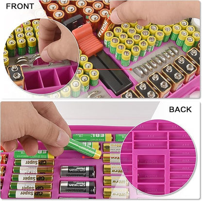 Battery Organizer Storage Holder Case with Double-Sided, Garage Box with Tester Checker. Batteries Container for 269pcs AA AAA AAAA 3A 4A 9V C D Lithium 4LR44 CR2 CR123A CR1632 CR2032 18650 - Purple