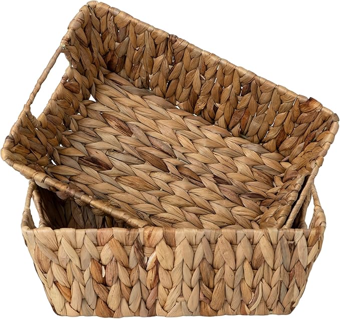 JS HANGER Wicker Storage Basket with Washable Liners, Metal Frame, Set of 2, 12.6"L x 8.7"W x 4.3"H, Water Hyacinth Woven Basket for Pantry, Toilet, Bathroom, Bedroom, Patio, Natrual