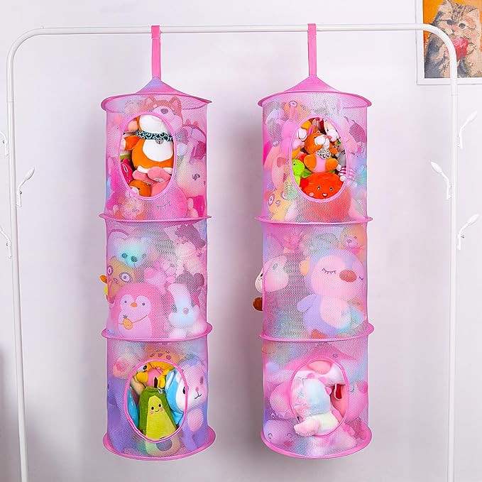 Basumee Stuffed Animals Net or Hammock 2 Pcs Stuffed Animals Storage Toy Net Hammock for Plushies Storage Organizer Mesh Kids Girls Room Decor, Pink, 3 Tiers