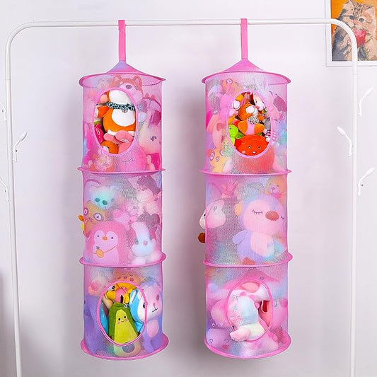 Basumee Stuffed Animals Net or Hammock 2 Pcs Stuffed Animals Storage Toy Net Hammock for Plushies Storage Organizer Mesh Kids Girls Room Decor, Pink, 3 Tiers