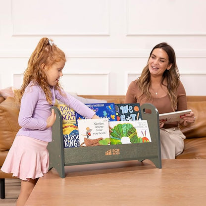 ECR4Kids 2-Shelf Tabletop Book Display with Handles, Beginner Bookshelf, Grey Wash