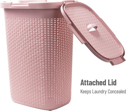 Mind Reader Slim Laundry Hamper with Lid, 60L Clothes Basket, Premium Wicker Design, Plastic, Pink
