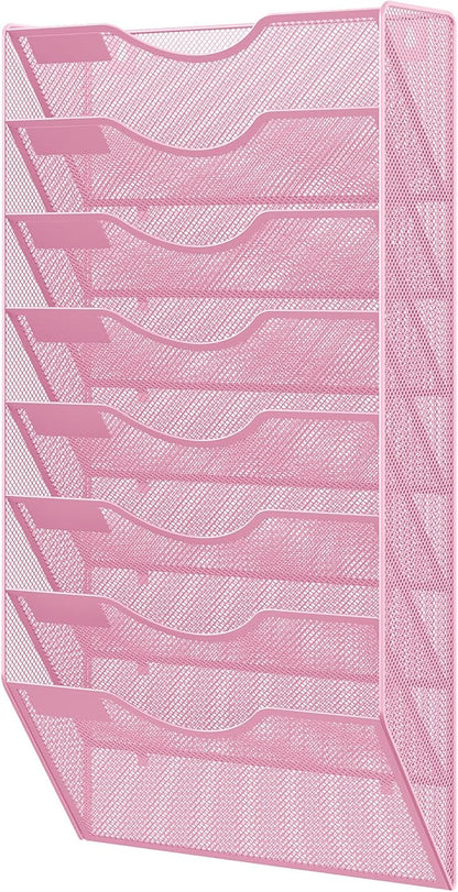 EasyPAG 8 Pocket Mesh Wall File Organizer, Hanging Paper Folder Holder with Classify Label, Vertical Wall Mount Mail Organizer for Office Home Classroom, Pink