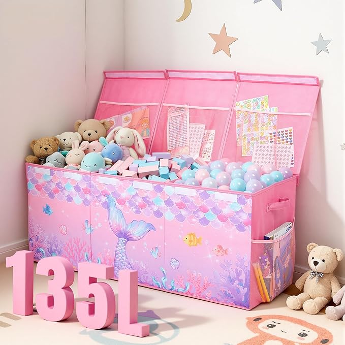 Unicorn Castle Toy Box with Adjustable Divider Toy Chest Storage Large Toy Storage Organizer Bin Collapsible with Lid Pockets for Nursery Playroom,Pink Purple Mermaid