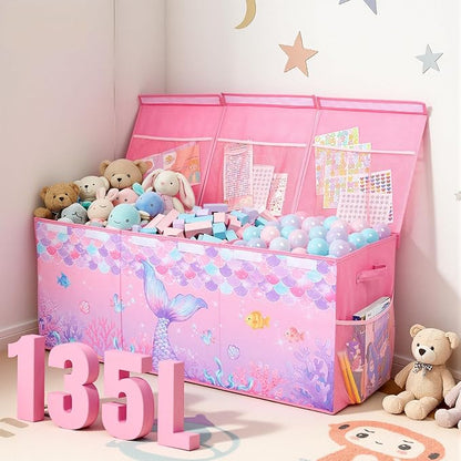 Unicorn Castle Toy Box with Adjustable Divider Toy Chest Storage Large Toy Storage Organizer Bin Collapsible with Lid Pockets for Nursery Playroom,Pink Purple Mermaid
