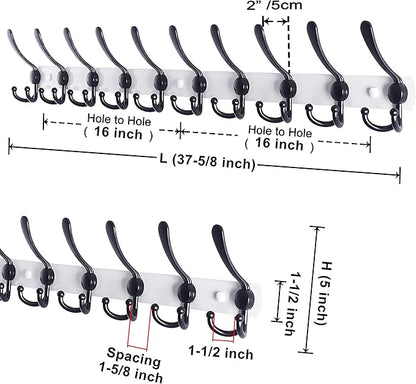 Dseap Coat Rack Wall Mount - 38” Long 10-Tri-Hooks Heavy Duty Coat Hanger Rail Wall Hooks for Hanging Coats Hats Clothing Clothes Purse Mudroom Entryway, White/Black, Pack of 2