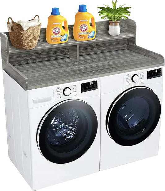 Royxen Laundry Countertop with 2-Tier Shelf Universal Fit, Washer and Dryer Countertop with Storage Space, Shelf Height 11.5 Inches, Solid Wood Core, Eucalyptus