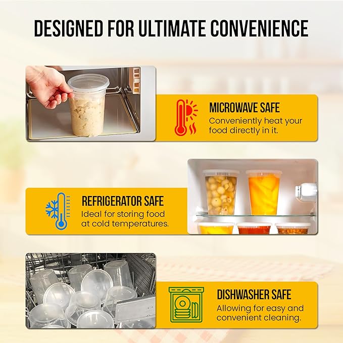 OCS Parts 48-Pack Round Plastic Deli Containers with Lids | Stackable, Microwavable, Freezer and Dishwasher Safe BPA Free Food Prep and Storage Containers (32 Ounce)