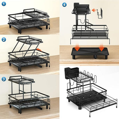 YEYPOP 2 Tier Dish Drying Rack - Expandable Dish Rack Over Sink, 304 Stainless Steel Dish Rack for Kitchen Counter, Dish Drainer w Utensil Holder, Drainboard & Cups Holder, Anti-Rust & Space Saving