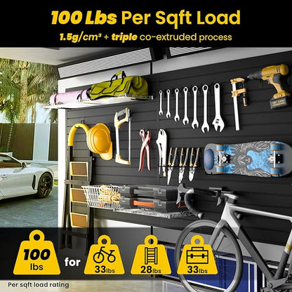 SlatWall Paneling 4x8 FT, PVC Slat Wall Panels with 16 Hooks Heavy-Duty Garage Organization System, Slatwall Pegboard Suitable for Home、Garage、Shop Wall Display & Organization (Black)