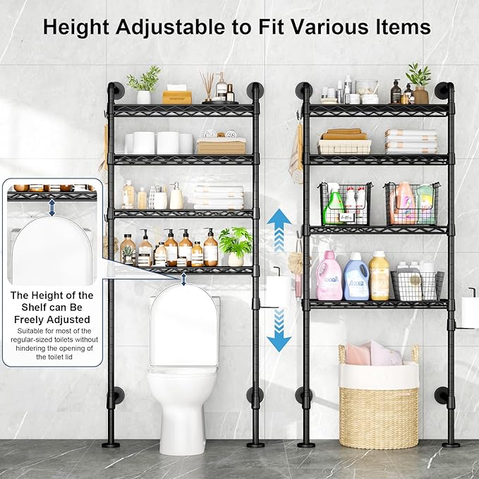 Roxibelt K3 Wall Mounted 4-Tier Over the Toilet Storage，Metal Above Toilet Storage with Paper Hook，Over Toilet Bathroom Organizer with Adjustable Shelf，Above Toilet Rack 9.7"D x 25.6"W x 74.3"H，Black