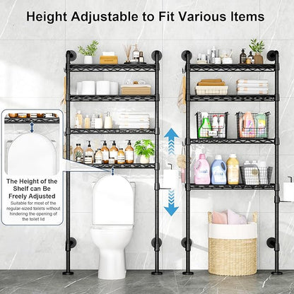 Roxibelt K3 Wall Mounted 4-Tier Over the Toilet Storage，Metal Above Toilet Storage with Paper Hook，Over Toilet Bathroom Organizer with Adjustable Shelf，Above Toilet Rack 9.7"D x 25.6"W x 74.3"H，Black