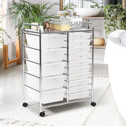 KOTEK 15-Drawer Rolling Storage Cart, Multipurpose Mobile Utility Cart with 4 Wheels, Home Office School Tools Scrapbook Paper Organizer (Clear)