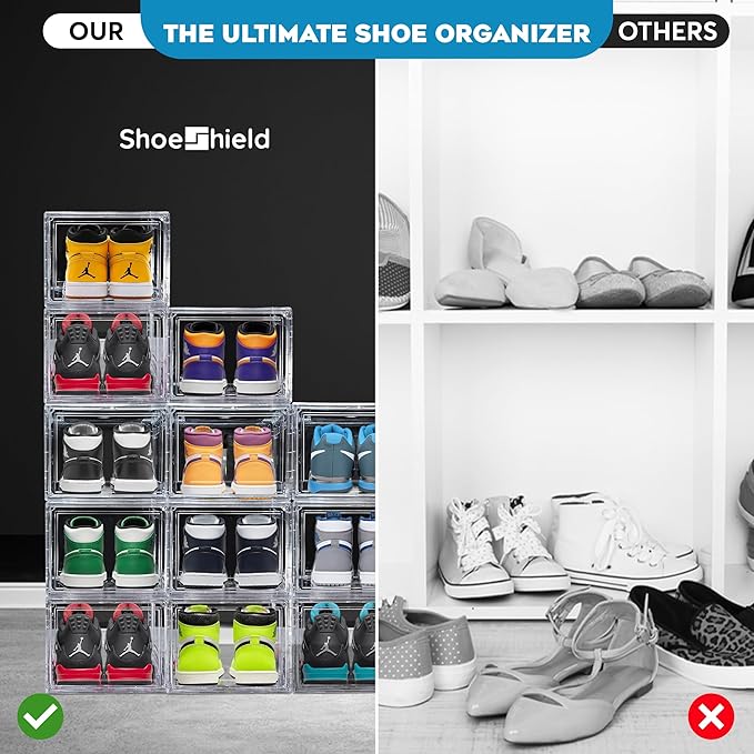 ShoeShield Ultra All Clear Shoe Boxes Plastic Stackable Professional Grade Shoe Display Case with Magnetic Front Drop Door Open Easy Assembly Modern Shoe Sneaker Display Case Fits US Size 14