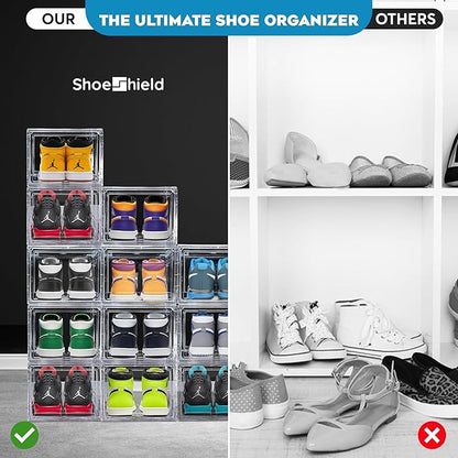 ShoeShield Ultra All Clear Shoe Boxes Plastic Stackable Professional Grade Shoe Display Case with Magnetic Front Drop Door Open Easy Assembly Modern Shoe Sneaker Display Case Fits US Size 14