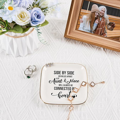 COZITED Aunt & Niece Ring Trinket Dish - Connected By Heart, Birthday Christmas Valentines Mother's Day Gift, White