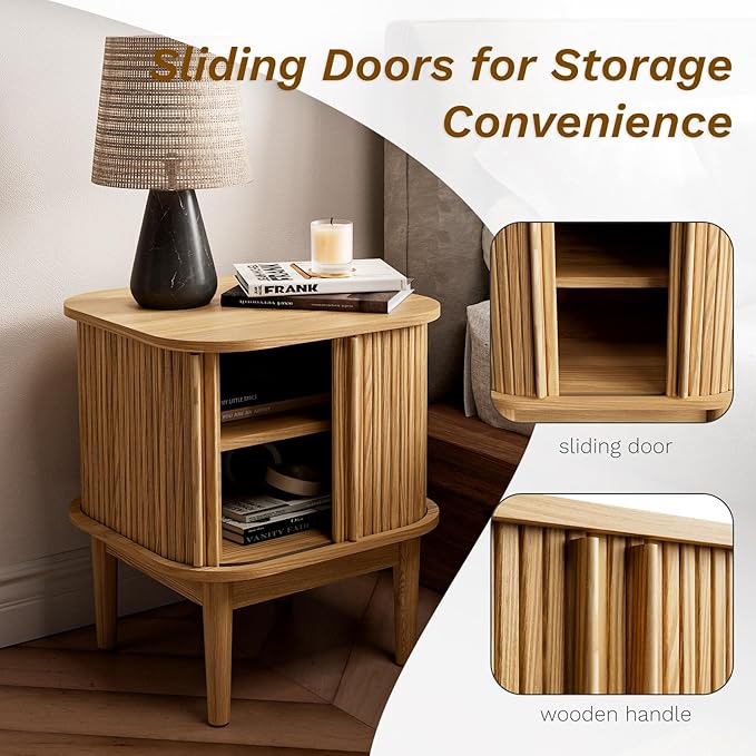 Fluted Nightstand with Sliding Doors, Modern Bedside Table with Solid Wood Legs, Wood Night Stand for Bedroom (Natural)