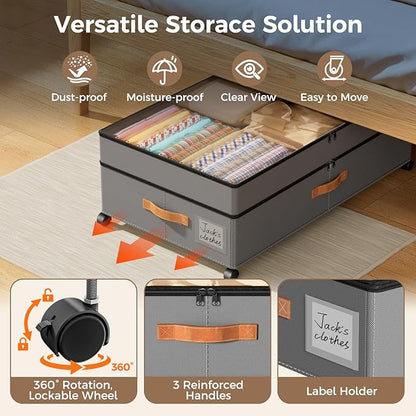 LYCDZT Under Bed Storage with Wheels, Large Capacity UnderBed Containers with Clear Lids, Shoe Organizer Under Bed Drawers, Rolling Under the Bed Storage for Clothes, Shoes, Blankets