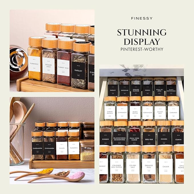 Glass Spice Jars with Label with Bamboo Lids Minimalist 36 Pack Set, 4oz Clear Empty Bottles Seasoning Organizer Jars with Shaker Lids, Small Square Airtight Spice Seasoning Containers Herb Storage