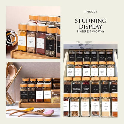 Glass Spice Jars with Label with Bamboo Lids Minimalist 36 Pack Set, 4oz Clear Empty Bottles Seasoning Organizer Jars with Shaker Lids, Small Square Airtight Spice Seasoning Containers Herb Storage