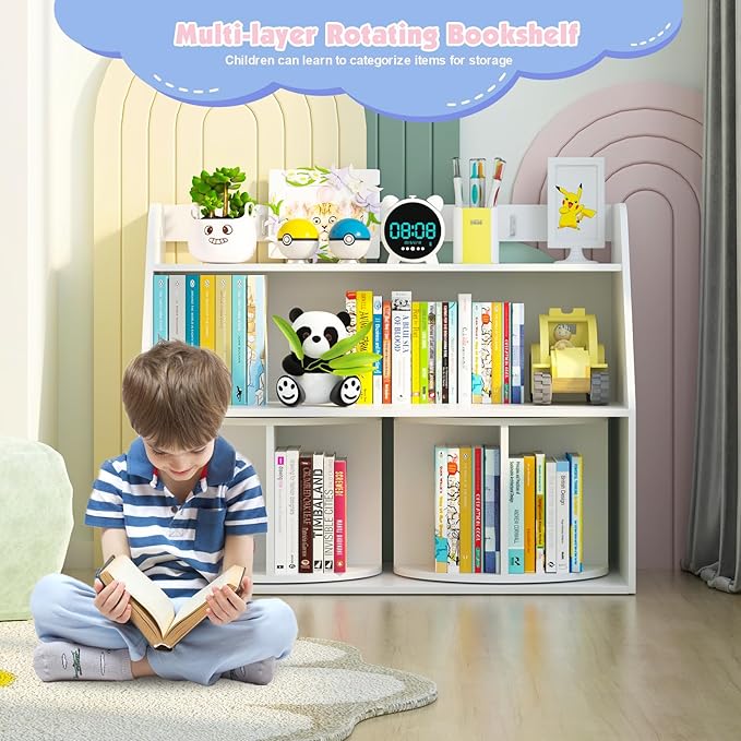 NACHES Wooden Kids Bookcase with 2 Rotating Shelves 3 Tier Children Bookshelf Toddler Toys Organizer Multi Functional Wood Storage Bookshelf for Kids Rooms Nursery, White