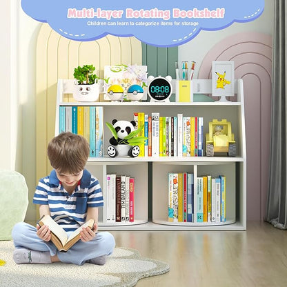 NACHES Wooden Kids Bookcase with 2 Rotating Shelves 3 Tier Children Bookshelf Toddler Toys Organizer Multi Functional Wood Storage Bookshelf for Kids Rooms Nursery, White