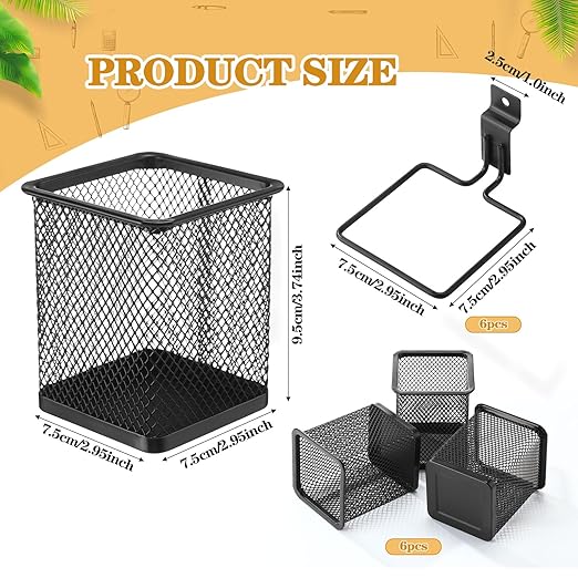 6 Set Slatwall Cup with Hook Black Metal Slatwall Bin Pencil Mesh Wire Holder Slat Wall Accessories for Organizing Various Tools, Garage Home Workshop Office(Square)