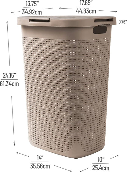 Mind Reader Slim Laundry Hamper with Lid, 60L Clothes Basket, Premium Wicker Design, Plastic, Tan