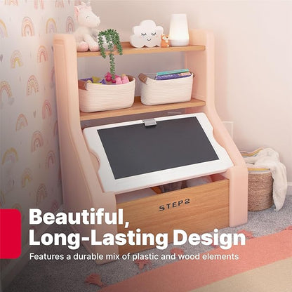 Step2 Harmony Toy Storage Box, Wood and Plastic, Shelves for Books, Toy Storage Bin with Chalkboard Lid and Clip, Easel and Toy Organizer in One, Rose Pink