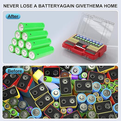 Battery Organizer Storage Holder Box Case with Tester, Ultra-Large 280+ Batteries Double-Sided Variety Pack,Holds AA AAA 4A C D Cell 9V 3V Lithium18650 LR44 CR2 CR123 CR1632 - Red