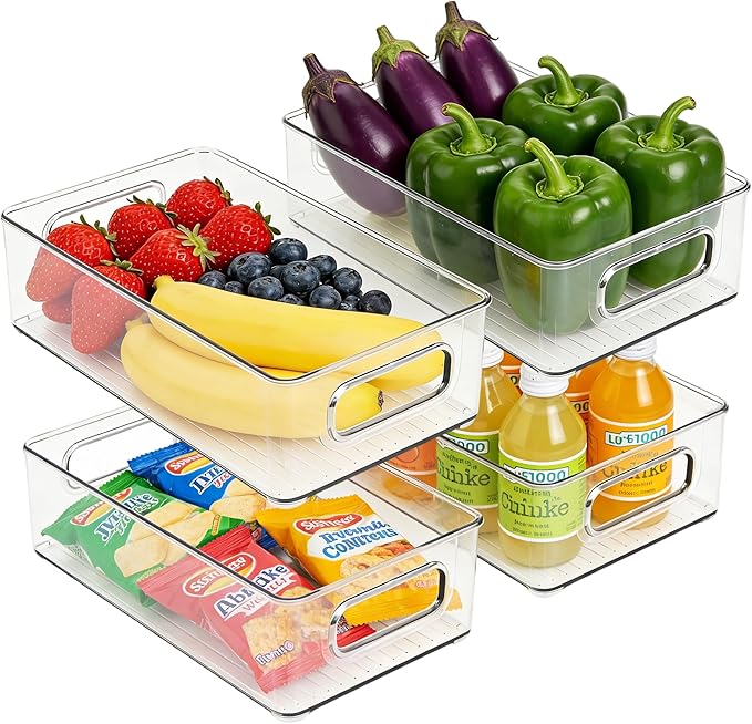 LotFancy Refrigerator Organizer Bins, 4 Pack,10x6x3 in, BPA Free Clear Plastic Storage Bins for Pantry Organization, Stackable Containers with Handles for Fridge, Kitchen Drawer, Freezer, Cabinet